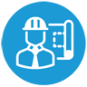 A blue circle icon with a white line design of a construction person reading plans to symbolize Construction Management.