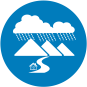 A blue circle icon with a white line design of rain over mountains and a valley to symbolize Flood Control.