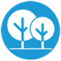 A blue circle icon with a white line design of two trees to symbolize Landscape Architecture.