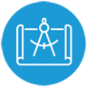 A blue circle icon with a white line design of a compass drawing tool on a sheet of plans to symbolize Construction Management.