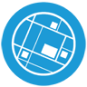 A blue circle icon with a white line design of a planned out community map to symbolize Planning.