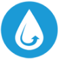 A blue circle icon with a white line design of a water drop with an arrow to show circulation to symbolize Water Resources.